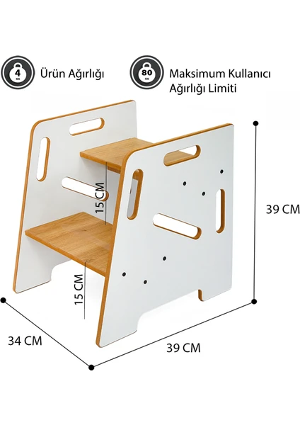 Çocuk / Yetişkin Montessori Ahşap Basamak, Yükseltici, Tabure / Beyaz + Naturel