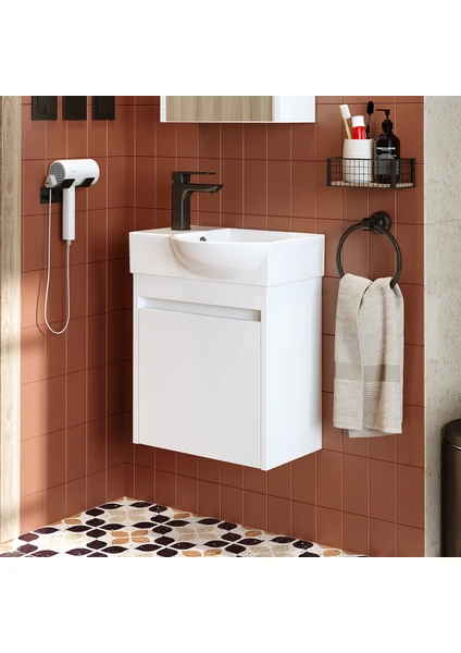 Ayaksız Tek Kapaklı Sol Lavabolu 46 cm Leo Banyo Alt Dolabı