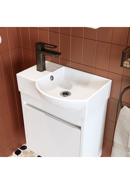 Ayaksız Tek Kapaklı Sol Lavabolu 46 cm Leo Banyo Alt Dolabı