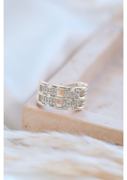 Silver Zirkon Taşlı Zincir Ayarlanabilir Yüzük