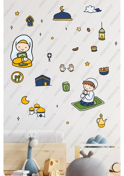 Dua Eden Çocuklar Ramazan Sticker Seti - Ramazan Ayı Temalı Cam Duvar Süsleri Çocuk Odası Duvar