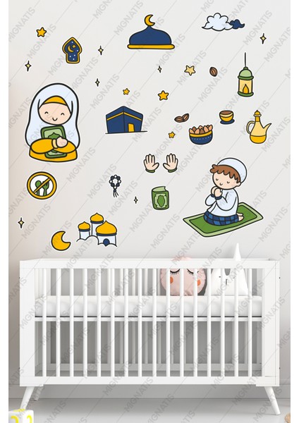 Dua Eden Çocuklar Ramazan Sticker Seti - Ramazan Ayı Temalı Cam Duvar Süsleri Çocuk Odası Duvar