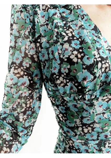 V Yaka Mini Büzgü Detaylı Çiçekli Elbise-Yeşil fiyatları