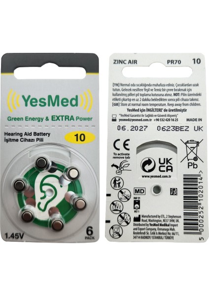 Extra Power 10 Numara Işitme Cihazı Pili (1 Paket = 6 Adet Pil + Işitme Cihazı Filtresi Şeffaf Paket