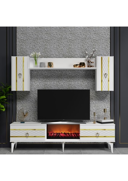 Pelin Tv Ünitesi Takımı Şömineli Beyaz-Altın