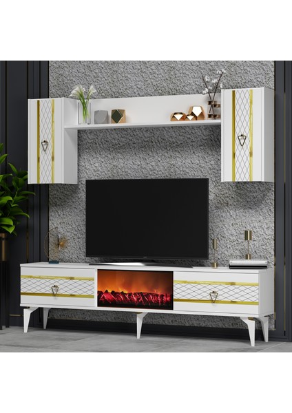 Pelin Tv Ünitesi Takımı Şömineli Beyaz-Altın fiyatları