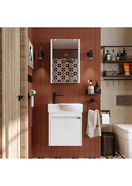 Ayaksız Tek Kapaklı Sol Lavabolu 46 cm Leo Banyo Alt Dolabı + Aynalı Üst Dolabı