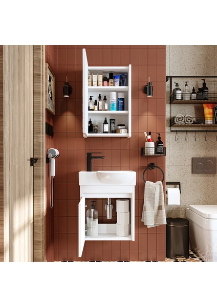 Ayaksız Tek Kapaklı Sol Lavabolu 46 cm Leo Banyo Alt Dolabı + Aynalı Üst Dolabı fırsatları