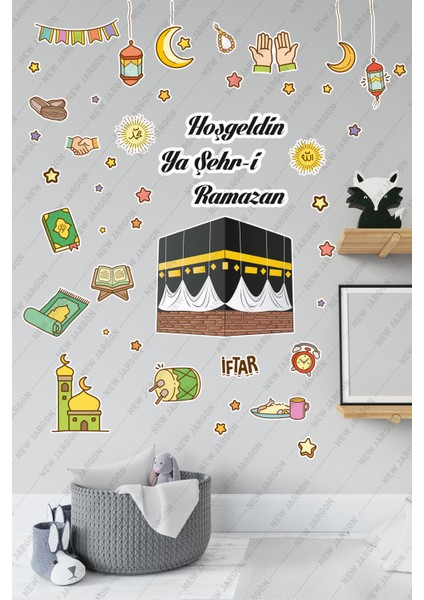 Kabe ve Renkli Ramazan Figürleri Cam Duvar Kapı Hoşgeldin Ramazan Sticker Seti Çocuk Bebek Odası