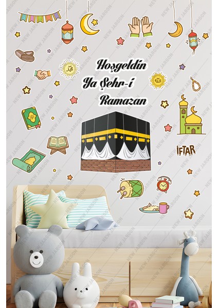 Kabe ve Renkli Ramazan Figürleri Cam Duvar Kapı Hoşgeldin Ramazan Sticker Seti Çocuk Bebek Odası