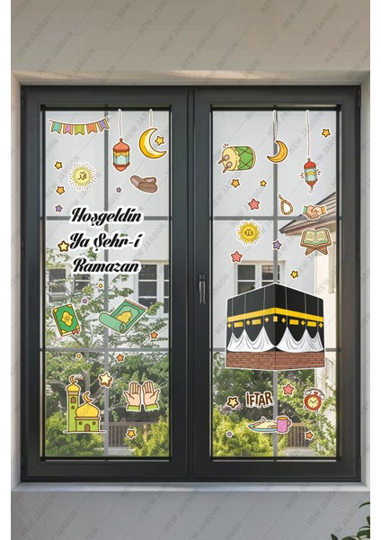 Kabe ve Renkli Ramazan Figürleri Cam Duvar Kapı Hoşgeldin Ramazan Sticker Seti Çocuk Bebek Odası