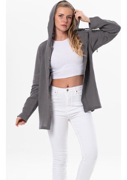 Uzun Kol Kapüşonlu Kadın Yazlık Müslin Sweatshirt Gri Gri