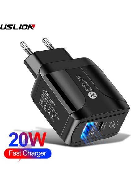 Uslıon Ab Tak 20W Qc3.0 Hızlı Şarj Cihazı USB Şarj Pd USB Hızlı Şarj Adaptörü iPhone 12 Samsung Xiaomi Akıllı Telefon Şarj Cihazı (Yurt Dışından)