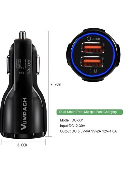 Vumpach Araba Hızlı Şarj Qc 3.0 Cep Telefonu Şarj Cihazı 2 Port USB Hızlı Araç Şarj Cihazı Samsung Xiaomi Ipad Sony Tablet Araç Şarj Cihazı (Yurt Dışından) fiyatları
