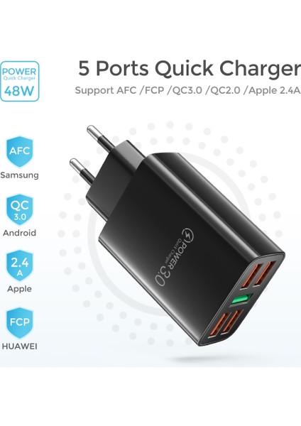 USB Şarj Aleti 60W Telefon Şarj Cihazı 5 Port Qc 3.0 Hızlı Şarj Adaptörü iPhone 13 12 11 Samsung Huawei P30 P50 USB Chargeur (Yurt Dışından) modelleri