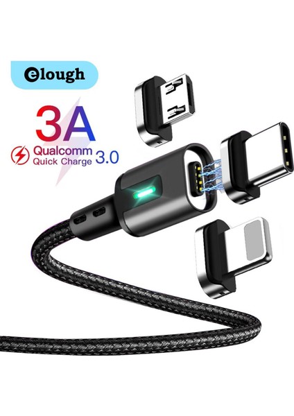 Elough Manyetik Şarj Kablosu 3A Hızlı Şarj Mikro USB C Tipi Kablo Manyetik Şarj Cihazı iPhone 11 12 Xiaomi Cep Telefonu Kablosu (Yurt Dışından)