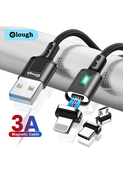 Elough Manyetik Şarj Kablosu 3A Hızlı Şarj Mikro USB C Tipi Kablo Manyetik Şarj Cihazı iPhone 11 12 Xiaomi Cep Telefonu Kablosu (Yurt Dışından) modelleri