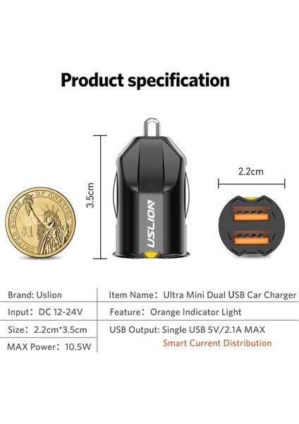 Uslıon Mini USB Araç Şarj Adaptörü 2.1A Araç USB Şarj Cihazı Cep Telefonu Çift USB Araç Şarj Cihazı Otomatik Şarj iPhone Samsung Için 2 Port (Yurt Dışından) modelleri