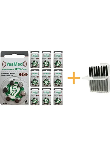 Yesmed Extra Power 312 Numara Işitme Cihazı Pili (10 Paket x 6 Adet = 60 Adet Pil +  Işitme Cihazı  Filtresi Şeffaf Paket