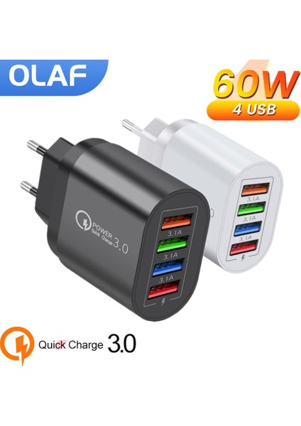Olaf USB Şarj Aleti 4 Port 60W 3.1A Hızlı Şarj 3.0 Cep Telefonu Şarj Cihazı iPhone 11 Samsung Xiaomi Poco F3 Hızlı Duvar Şarj Cihazları (Yurt Dışından)