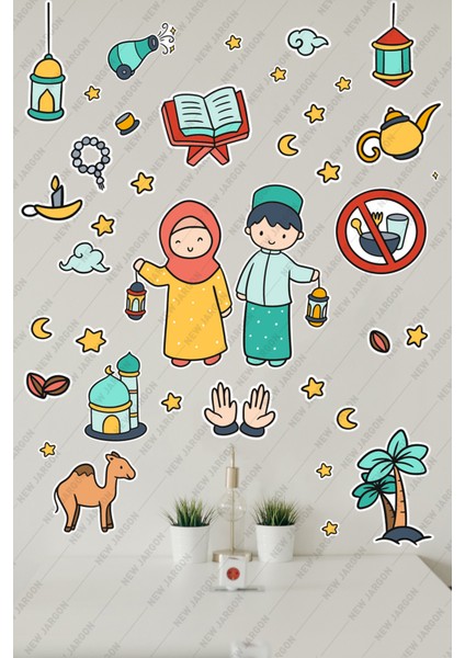 Elinde Fener Tutan Çocuklar Ramazan Sticker Seti - Ramazan Ayı Temalı Cam Duvar Süsleri Çocuk Odası