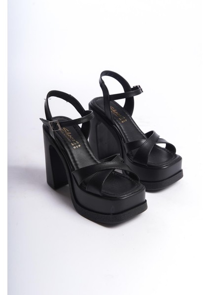 Kadın Keyli Siyah Cilt Çapraz Bantlı (12 cm ) Platform Topuklu Ayakkabı