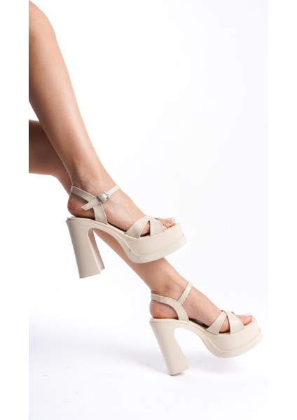 Kadın Keyli Krem Cilt Çapraz Bantlı (12 cm ) Platform Topuklu Ayakkabı