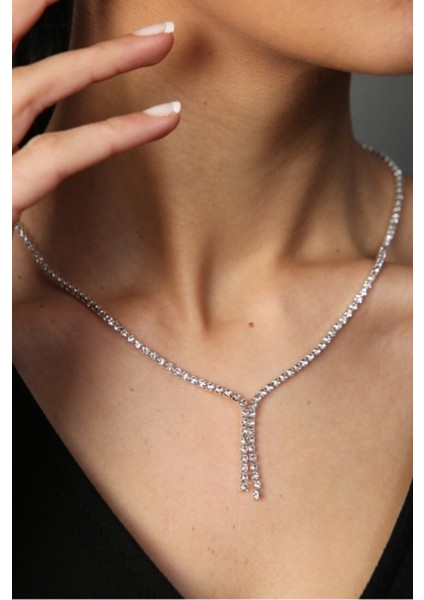 Gümüş Renk Zirkon Su Yolu Abiye Kolye - 2418