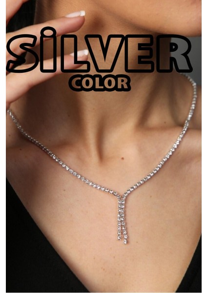 Gümüş Renk Zirkon Su Yolu Abiye Kolye - 2418 fiyatları