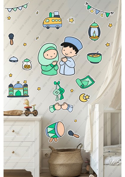 Dua Eden Çocuklar - Ramazan Ayı Temalı Ramazan Sticker Seti Cam Duvar Süsleri Çocuk Odası