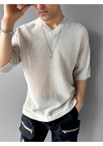Oversize Bol ve Rahat File T-Shirt Bej