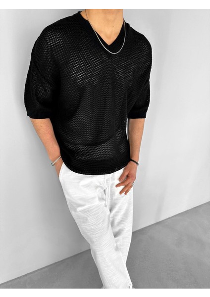 Oversize Bol ve Rahat File T-Shirt Siyah