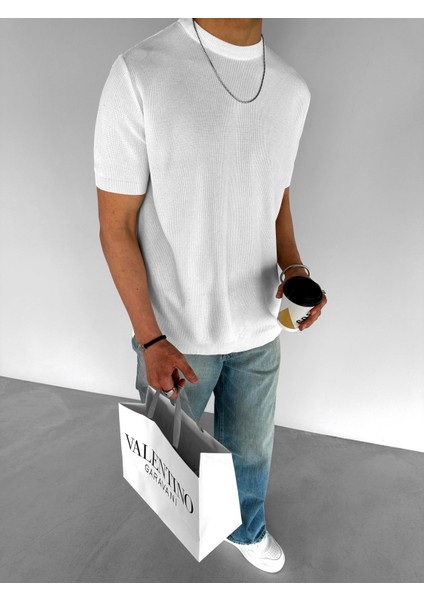 Oversize Bisiklet Yaka Esnek Triko T-Shirt Ekru