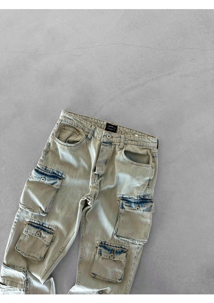 Multi-Pocket Kargo Jean Buz Mavi