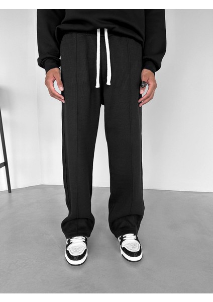 Erkek Baggy Fit Rahat Örme Pantolon Siyah
