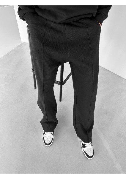 Erkek Baggy Fit Rahat Örme Pantolon Siyah