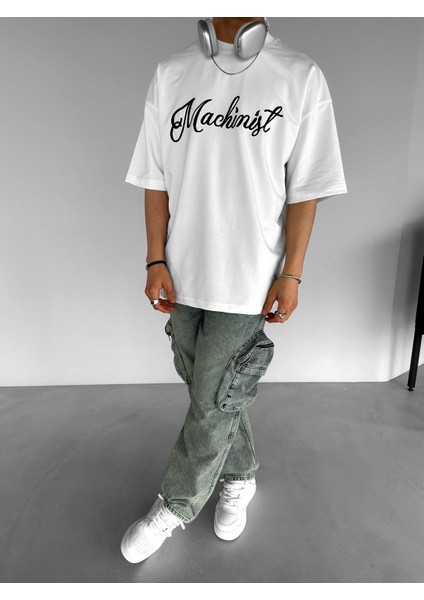 Oversize Yuvarlak Yaka Nakışlı T-Shirt Beyaz