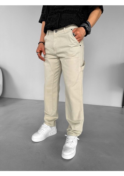 Blok Yama Detaylı Slim Fit Pantolon Taş Rengi