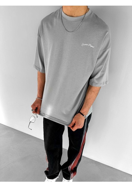 Oversize Bisiklet Yaka T-Shirt Gri