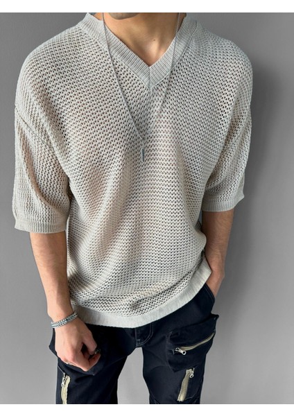 Oversize Bol ve Rahat File T-Shirt Gri