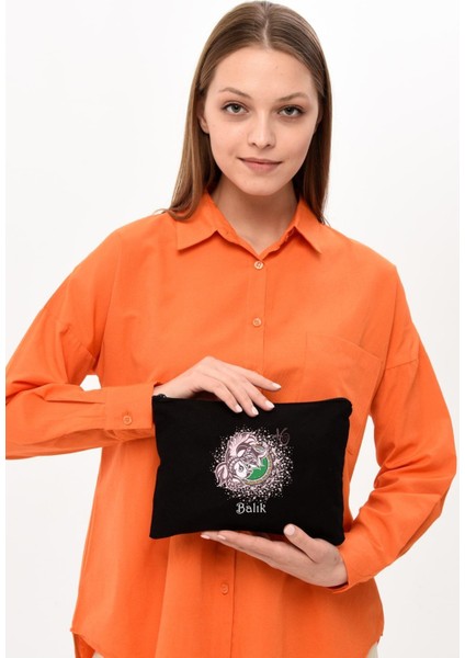 Çınar Bez Çanta Clutch Burç Serisi - Balık Baskılı Siyah Kanvas Makyaj Çantası