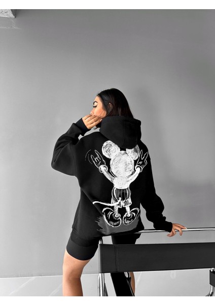 Oversize Mouse Baskılı Hoodie Siyah