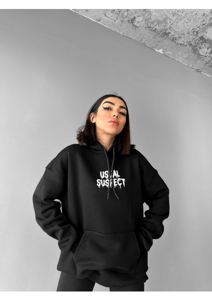 Oversize Mouse Baskılı Hoodie Siyah