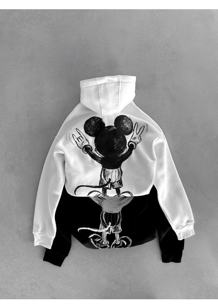 Oversize Mouse Baskılı Hoodie Siyah