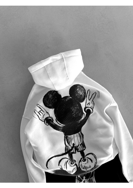 Oversize Mouse Baskılı Hoodie Siyah