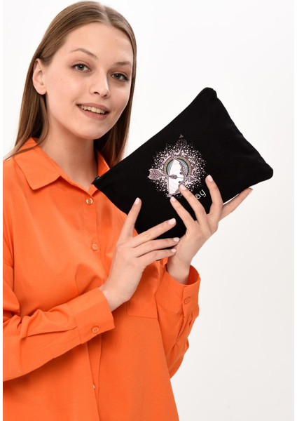 Çınar Bez Çanta Clutch Burç Serisi - Yay Baskılı Siyah Kanvas Makyaj Çantası