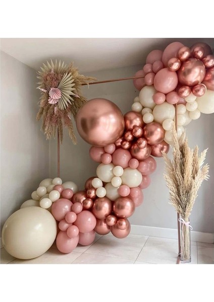 Zincir Balon Seti Retro Beyaz-Retro Pembe-Krom Rose Gold 3 Renk 60 Adet + Balon Şeridi