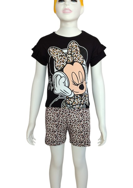 Yazlık Leopar Desenli Minnie Mouse Baskılı Şort T-Shirt Takım