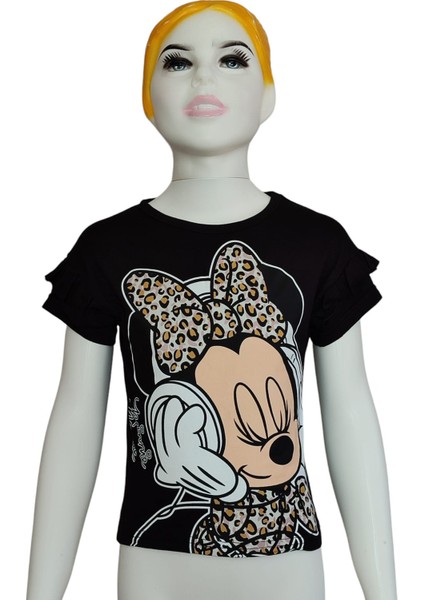 Yazlık Leopar Desenli Minnie Mouse Baskılı Şort T-Shirt Takım