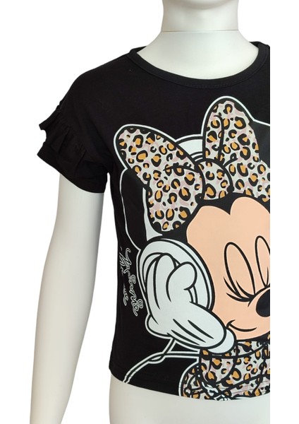 Yazlık Leopar Desenli Minnie Mouse Baskılı Şort T-Shirt Takım